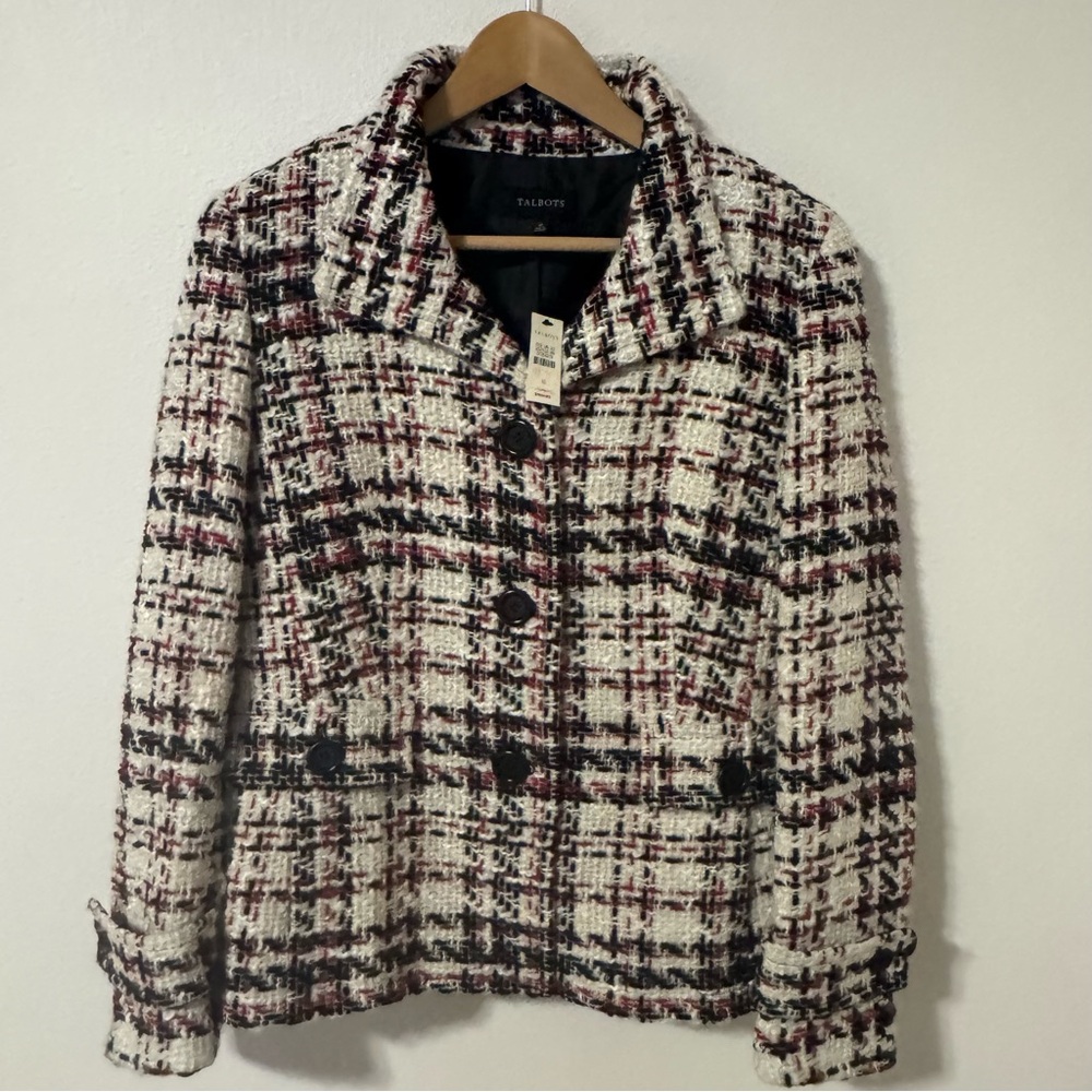 Talbots Wool Blend Tweed Boucle Blazer White Black Red Academia Career NWT-10